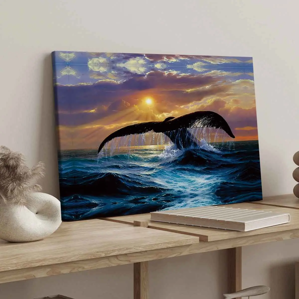 Whale Tail & Sunset Poster, Modern Art Canvas Print, Solid Wood Frame, Waterproof Wall Decor for Bedroom, Office, Hallway