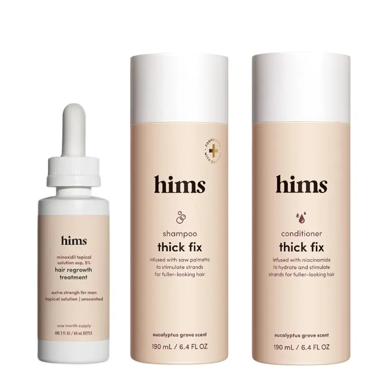 Hims 5% Minoxidil Serum + Thick Fix Anti-Thinning Shampoo & Conditioner Haircare Bundle with Saw Palmetto, Niacinamide, Eucalyptus Scent, Gentle Formula for Fuller-Looking Hair, Anti-Hair Loss Self-Care Products, Anti-Thinning Shampoo & Conditioner Kits