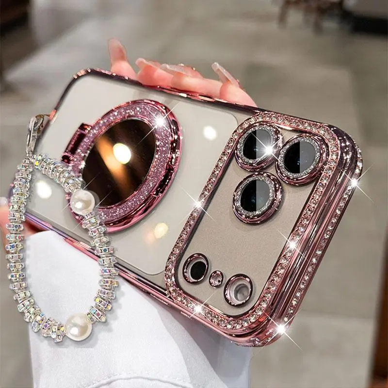 Girly Phone Case with Mirror & Stand for iPhone 12/13/14/15/16/17 Pro Max Plus Air Shiny Frame High-Definition Transparent Material Full-Body Drop-Resistant Design