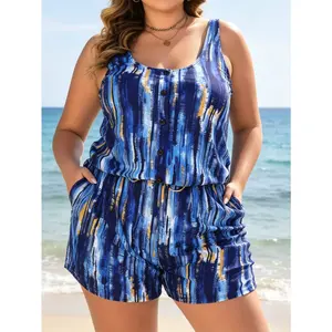 2026 Women's Plus Size Print Romper Swimsuit, Scoop Neck Sleeveless Tank Top with Faux Button Detail, Adjustable Straps, Elastic Waist with Side Pockets, Tummy Control One-Piece Bathing Suit for Beach & Pool,Summer Vibes