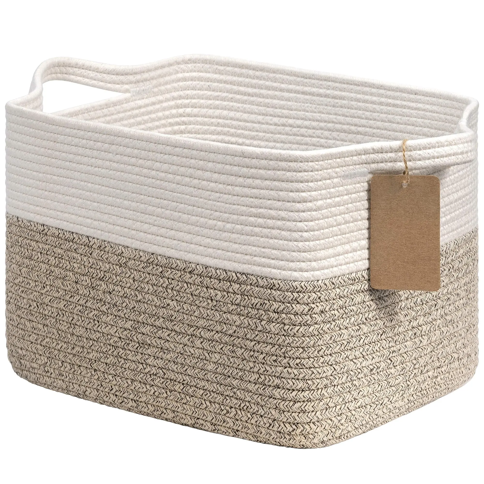 Eco-Friendly Foldable Modern 13x10x9" Rectangle Cotton Rope Storage Basket, Woven Organizer with Handles for Shelves, Dog Toy Bin, Empty Gift Container
