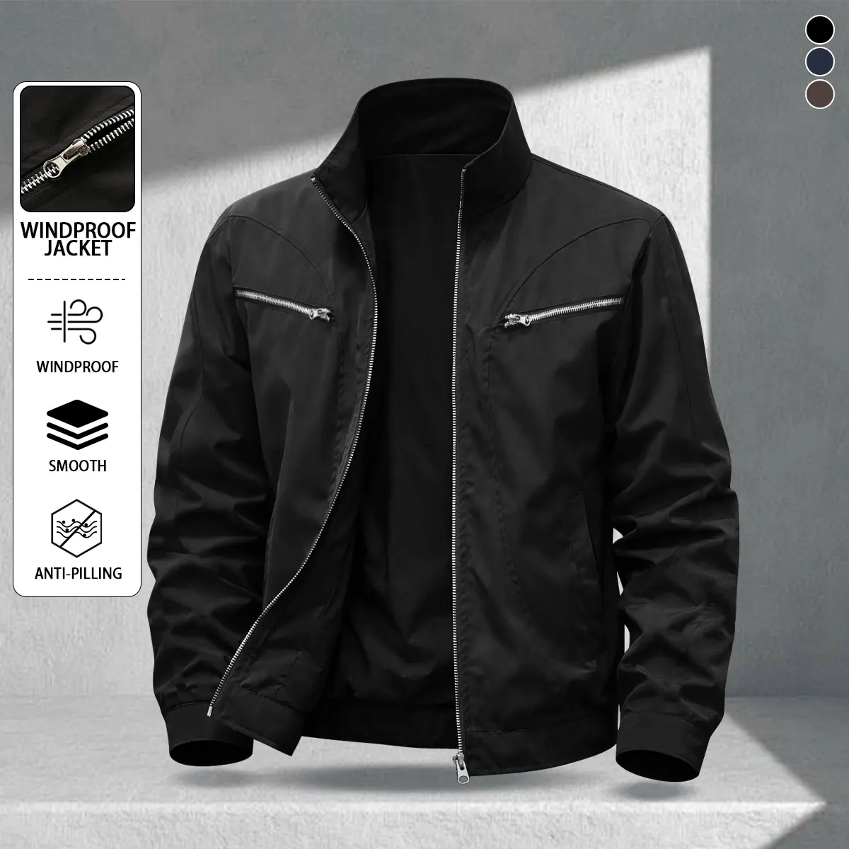 Men's multi-color stand-up collar zipper pocket jacket, scratch-resistant and wear-resistant light and thin fabric, retro commuter style, daily street, workplace leisure adaptation, simple and versatile trend Outerwear Casual Coats Long Sleeve Menswear