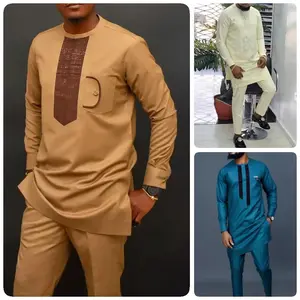 Men Clothing 2 Pieces Long Sleeve Outfit African Clothes For Men Solid Color Casual Riche Shirt Pant Full Men‘s Suits