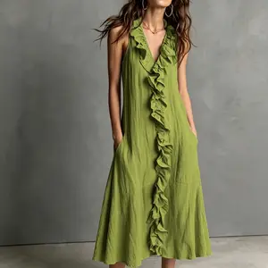 Women’s summer cotton-linen sleeveless dress with a V-neck—slimming, cool and breathable, featuring a flared silhouette with ruffles that are both elegant and flowy; perfect for everyday outings and shopping.