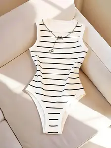Women's Striped Jumpsuit, Spring Summer Knitted Bodycon Fitted Romper Bodysuits, Round Neck Sleeveless Top, Casual Daily Wear, Vacation Beach, Tight Fitting Playsuit, Stripes Print Bodysuit
