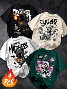 4PCS Cartoon Graphic Oversized T Shirt Set Men, Hip Hop Streetwear Devil Bear Skull Graffiti Print Short Sleeve Tops, Y2K Edgy Aesthetic Loose Casual Summer Outfit for Daily Street Wear Clothes #springsaledeals2026 #summeroutfits #menstreetwear