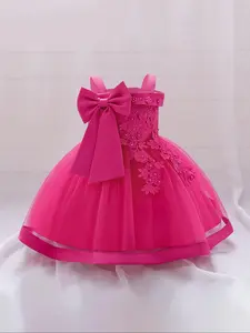 Girl's Appliques Bow Decor Faux Pearls Tulle Dress, Elegant Sleeveless Satin Tutu Dress for Party Wedding Guest, Kids Clothes for All Seasons