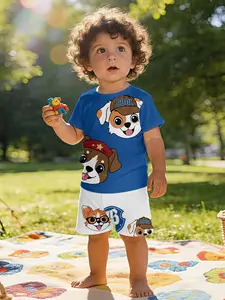 Cute printed short-sleeve set Outfit for infants and toddlers with two hat-wearing playful puppies, casual kids' clothing for babies, T-shirt suitable for daily and outdoor sports, 100% polyester, a perfect gift for infants and young children!