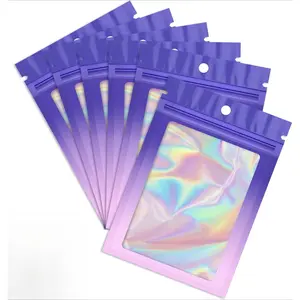 Mylar 100-Pack Gradient Holographic Bag - Resealable Zipper Pouches with Clear Window - Smell-Proof for Food & Jewelry Storage Organiser Purple Pink