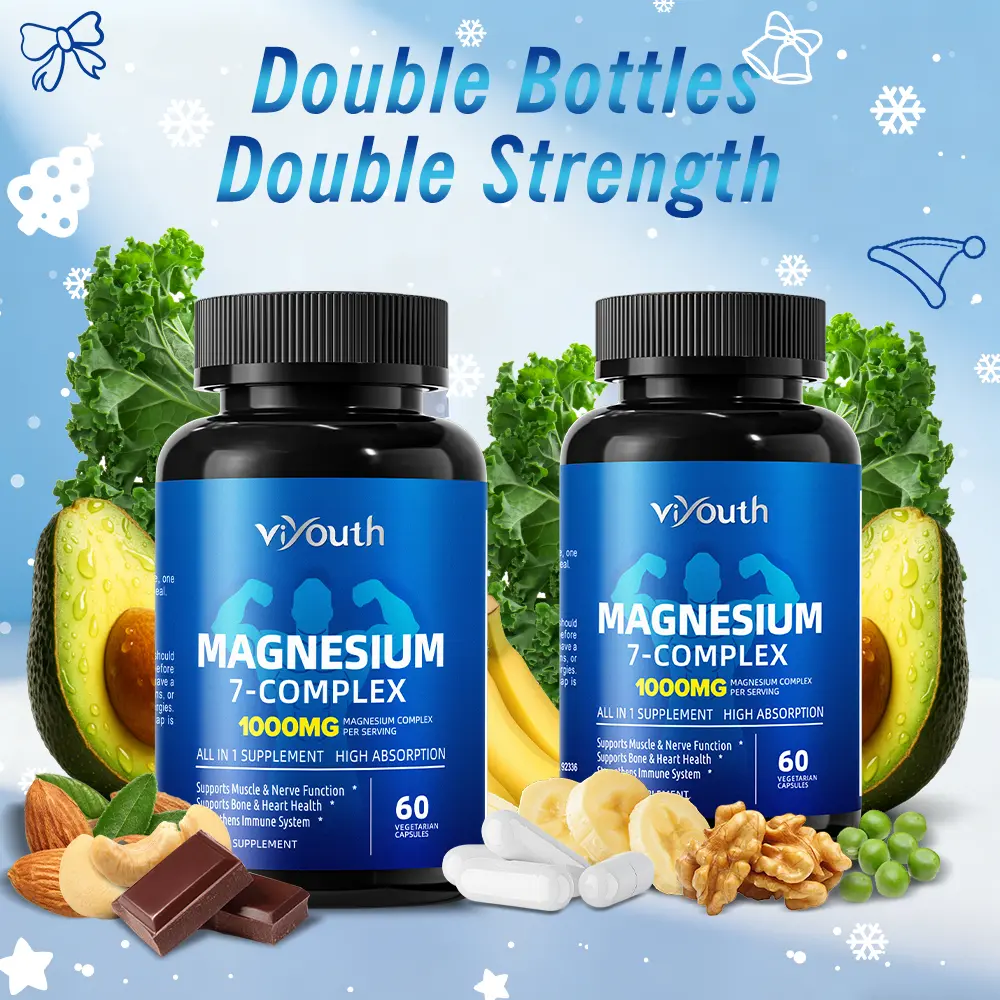 Viyouth Lactose-Free Sugar-Free Magnesium Complex Dietary Supplement (2 Bottles), 1000mg 7-Type Formula with Magnesium Glycinate, Zinc, Vitamins, Gut Support Minerals for Sleep, Heart Health, Blood Pressure Control - 3rd Party Tested