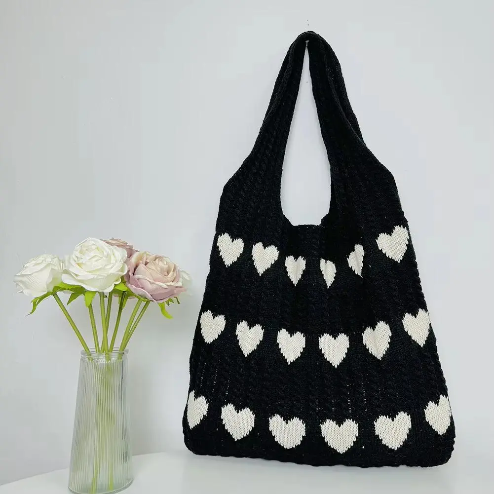 Women Knit Tote Bag Crochet Shoulder Bag Love Heart Pattern Handbags Aesthetic Everyday Knitted Bag Straps for Handbags Handmade Bag Handcrafted Bag Fashionable Unique Bags