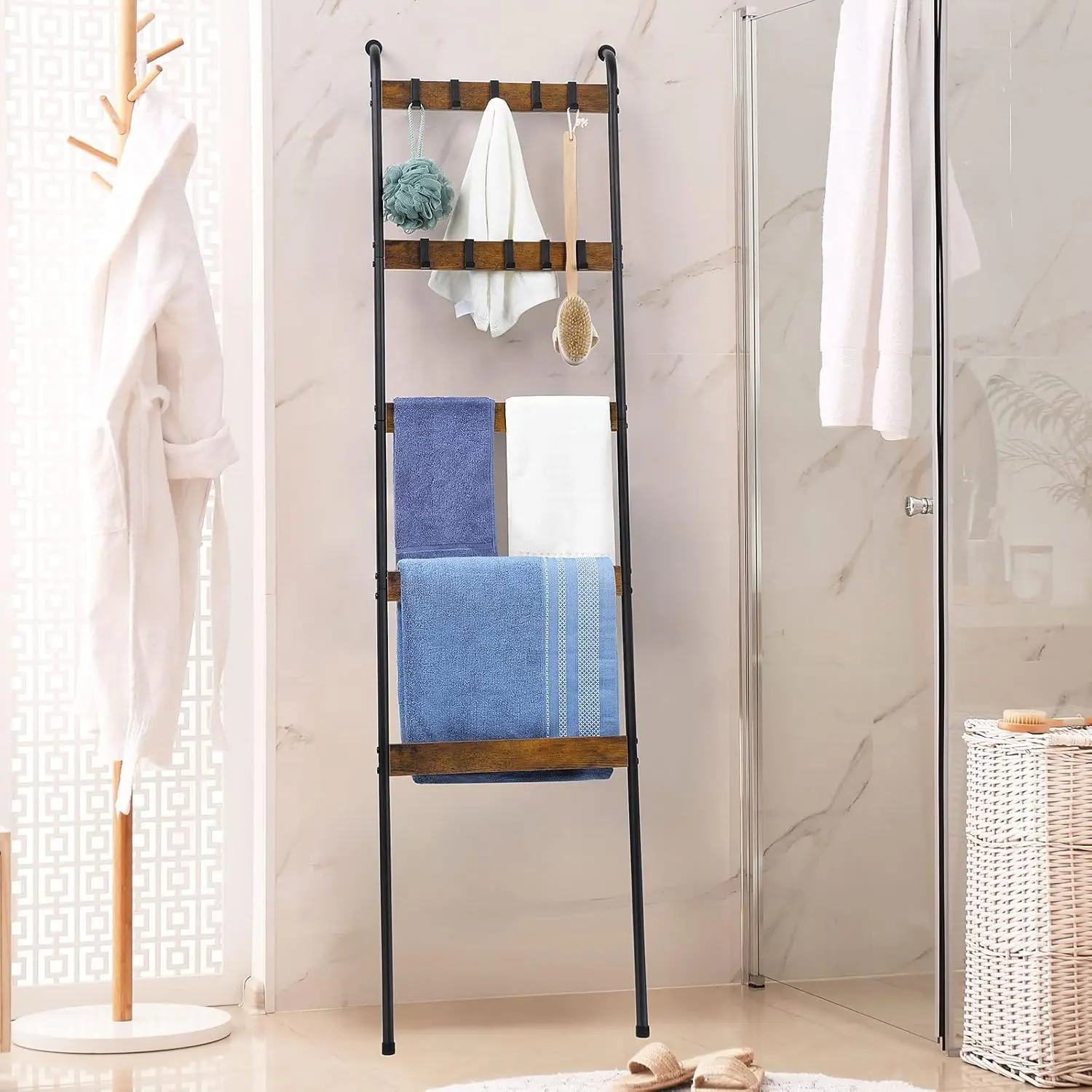 Farmhouse Style 5-Tier Ladder Shape Wooden Blanket Ladder with 10 Removable Hooks - Single Unit Indoor Storage Rack for Living Room, Bedroom Home Goods Organiser#tiktokshopsummersale