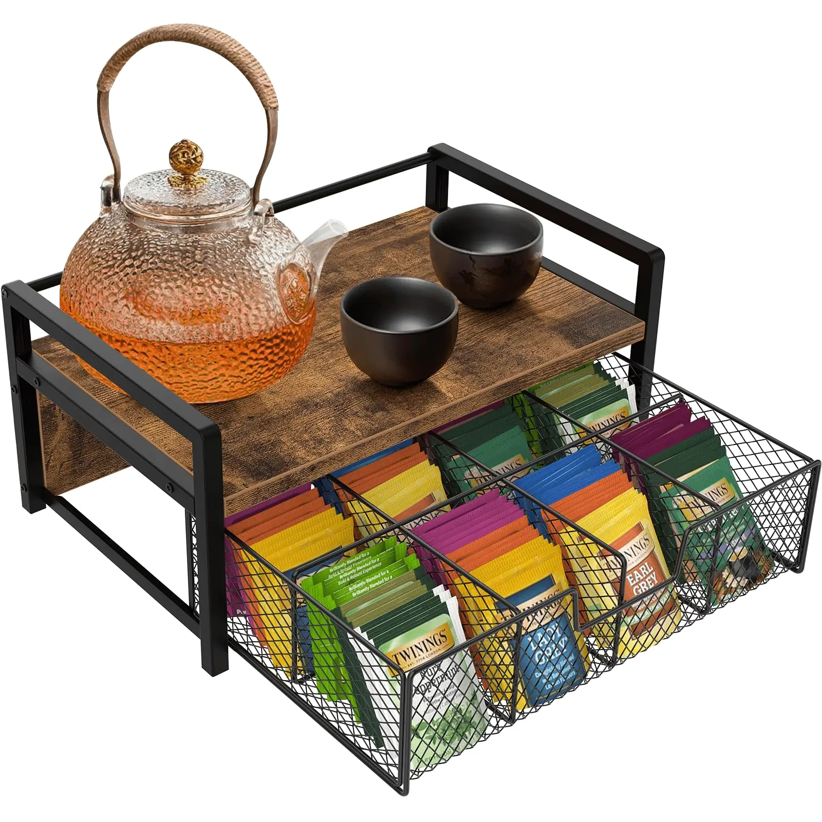 Tea Bag Organizer with Drawer, Coffee Pod Holder, 2-Tier Tea Storage Chests, Tea Station Caddy, Kitchen Counter Organizer Coffee Tea