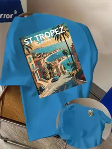 Men's Casual French St Tropez Pattern T-Shirt, Trendy Double-Sided Print, Lightweight Elastic, Regular Fit, Perfect for All Seasons