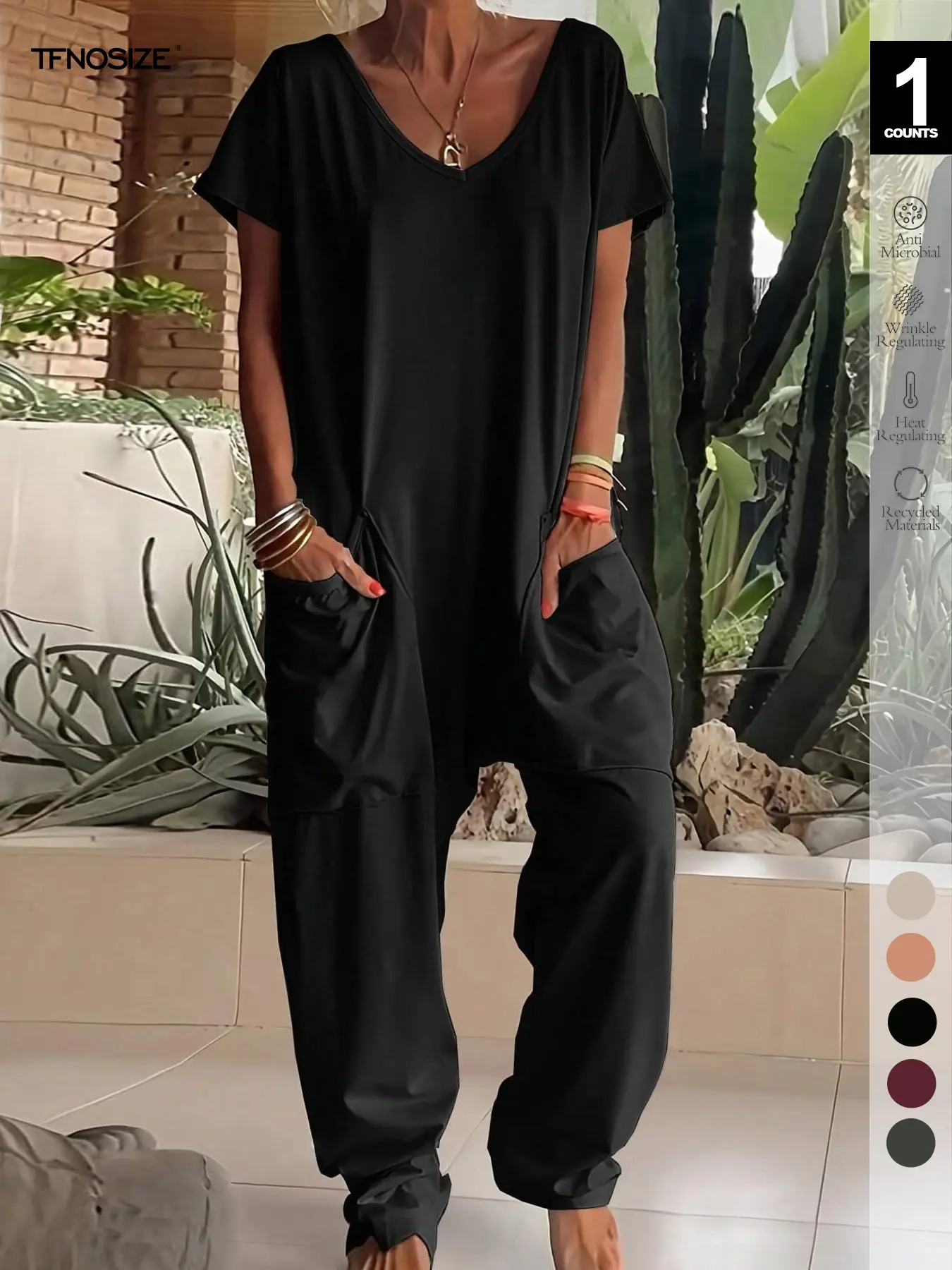 Women's Oversized Loose Baggy Harem Jumpsuit with Side Pockets, Bohemian Style Minimalist One Piece Romper, Casual Fitted Vneck Short Sleeve, All Seasons, Womenswear
