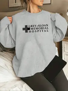 Women's + Sloan Memorial Hospital Letter Print Drop Shoulder Sweatshirt, Casual Everyday Long Sleeve Round Neck Pullover for Fall & Winter
