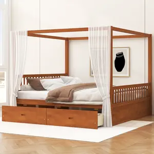Wooden Canopy Bed with Storage Drawers, King size, Walnut