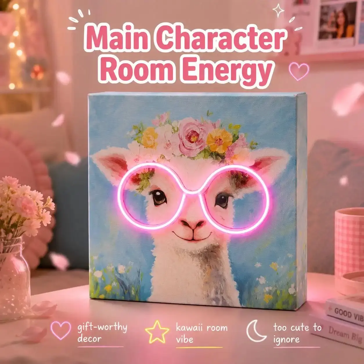 Wonder Fonder Cute Animal LED Canvas, Kawaii Neon Wall Art & Desk Decor, Battery Operated Light Up Painting with 6H Timer, Cozy Bedroom/Dorm Night Light, Gift for Teen Girls, 7.9"x7.9"x1.6"