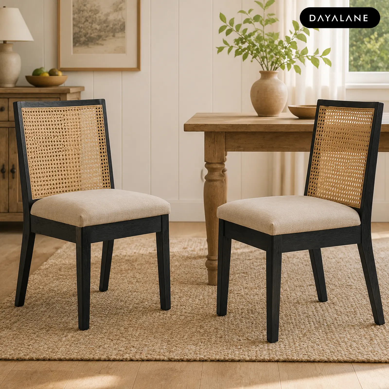 [BackToSchool]DAYALANE Modern Farmhouse Dining Chair Set of 2– Rattan Back Linen Seat, Comfortable Cozy Seat, Perfect Kitchen & Living Room Seating Durable Seating Indoor Furniture Chairs