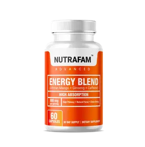 Nutrafam Energy Caffeine Capsules for Energy and Focus | 900 mg,  Sugar-Free with African Mango, Caffeine, Korean Ginseng & Green Tea leaf