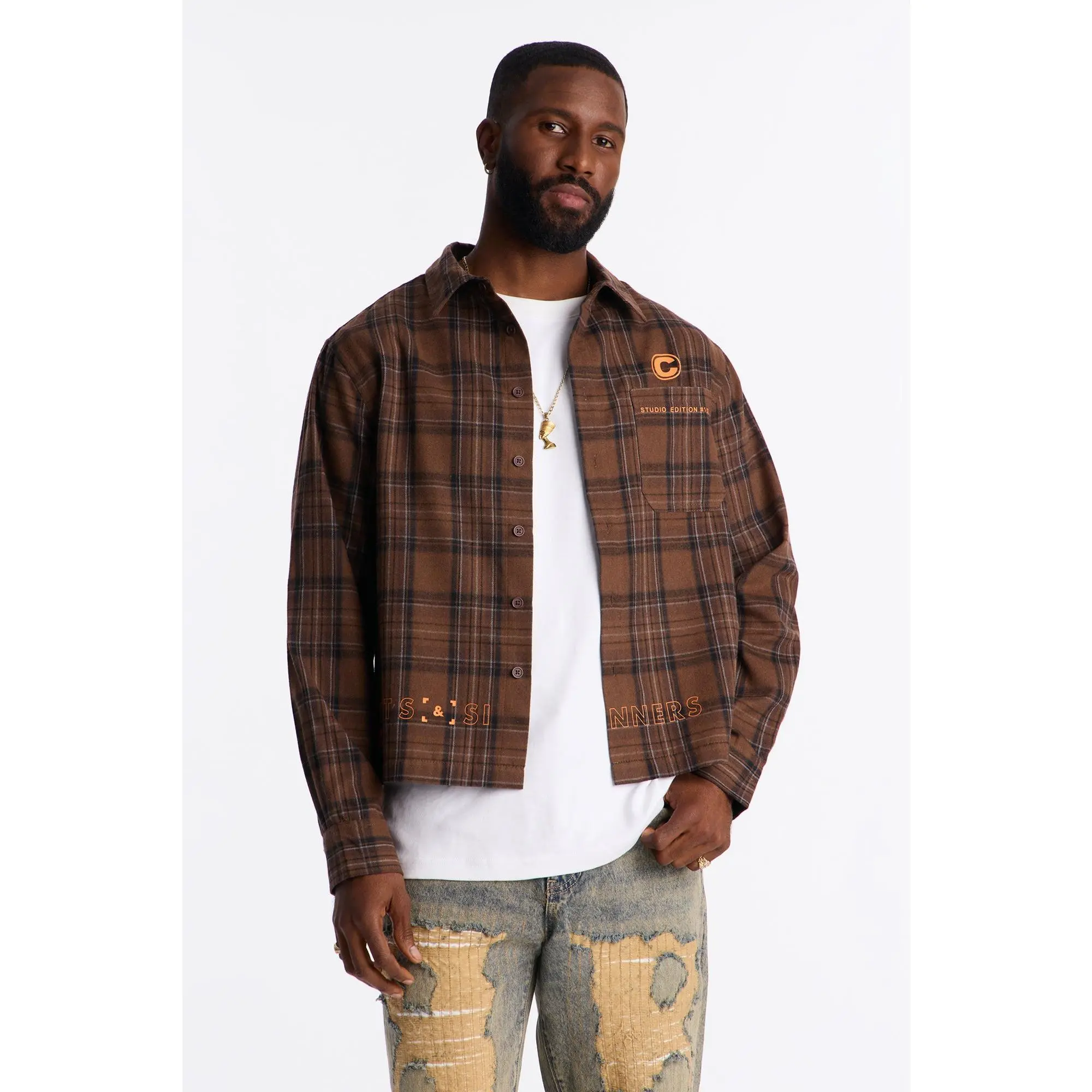 Cropped Culture Plaid Button Up Shirt - Brown