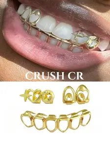 CRUSH CR 14/18K Gold Plated Customizable Heart Star Grillz Set for Women Men Mix Match Hollow Tooth Caps with Removable Charms, Hypoallergenic Removable Perfect for Hip Hop Concerts Streetwear Fits Club Nights Urban Street Style Ideal Bling Dental Jewelry