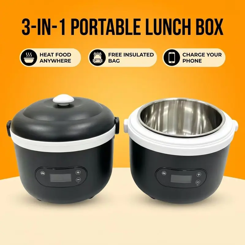 Cordless Heated Lunch Box Set for Car-Office Travel, 1.5L Steel Container Insulated Lunch Compartment, 16000mAh Rechargeable Battery-Powered Leakproof Silicone Warmer