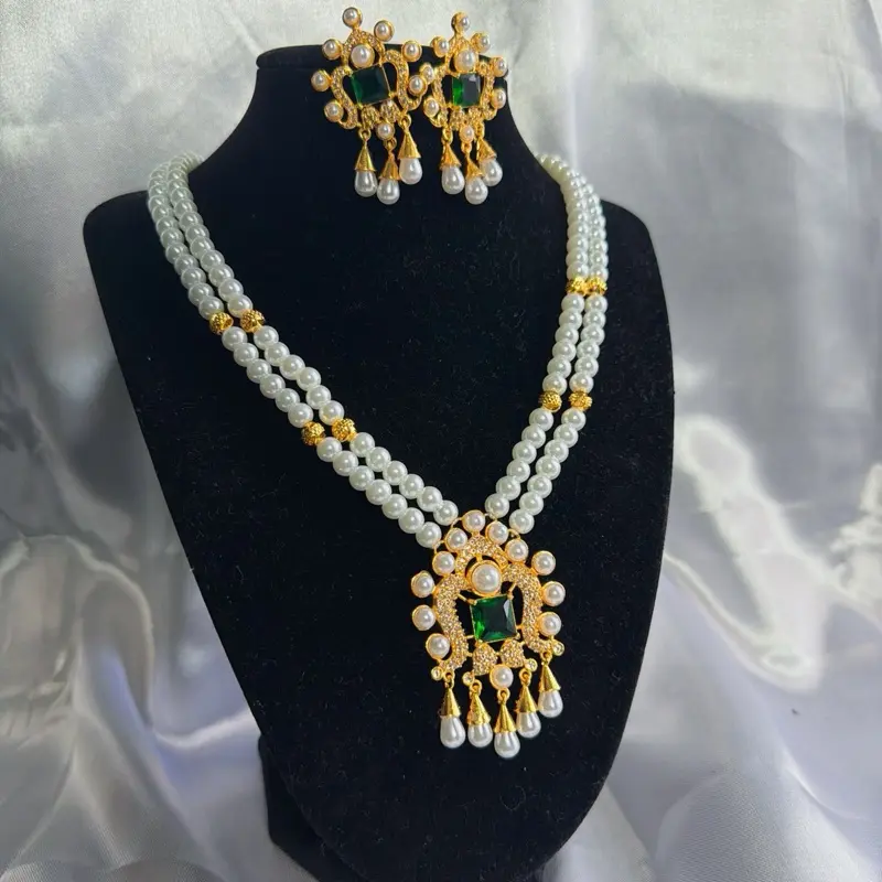 Two Layer Pearl Necklace Set with Matching Earrings for Elegant Wear - Gold Tone & Stone Accent