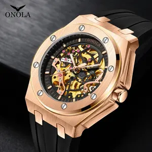 ONOLA Luxury Skeleton Mechanical Watch for Men - Rose Gold Octagon Case & Black Silicone Strap, Sport Business Wristwatch for Daily Wear - Unique Gifts for Him, Anniversary Birthday Gifts for Husband, Dad, Boyfriend