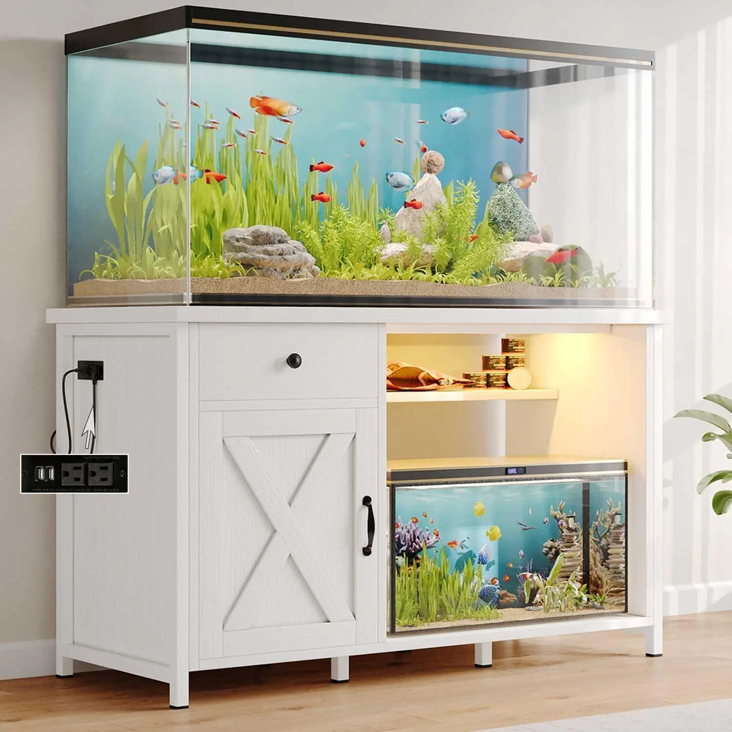[SummerSale] HOMBCK 55-75 Gallon Fish Tank Stand with Power Outlets, LED Light, Heavy Duty Aquarium Stand with Cabinet for Fish Tank Accessories Storage, for Turtle Tank, Reptile Terrarium, 1100LBS#home essentials#back to school