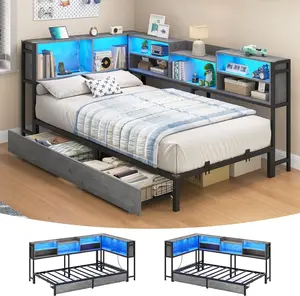 Sikaic Corner Bed Frame with 2 Drawers and Storage Bookcase, Daybed with Charging Station and LED Lights, Metal Platform Bed with Bookshleves, Twin Size Bed Frame for Kids Teens Guests, Oak Gray