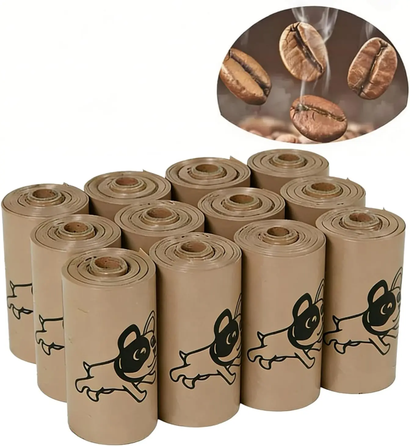 Dog Poop Bags, 2-Pack Compact Chic Design Coffee Scent Compostable Bags (15 per Roll) with Cute Patterns, Instant Odor Elimination, Eco-Friendly Planet-Friendly Premium Feel Pet Essentials for Home & Outdoor Use, Fresh Aroma