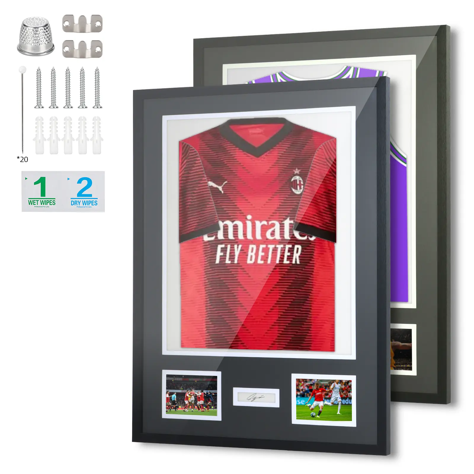 Traditional Single-Frame Acrylic Sports Jersey Frame - Rectangular Picture Holder for Wall, Memorabilia Showcasing, Home Decor Display with Photo Slots, Includes Wet & Dry Wipes