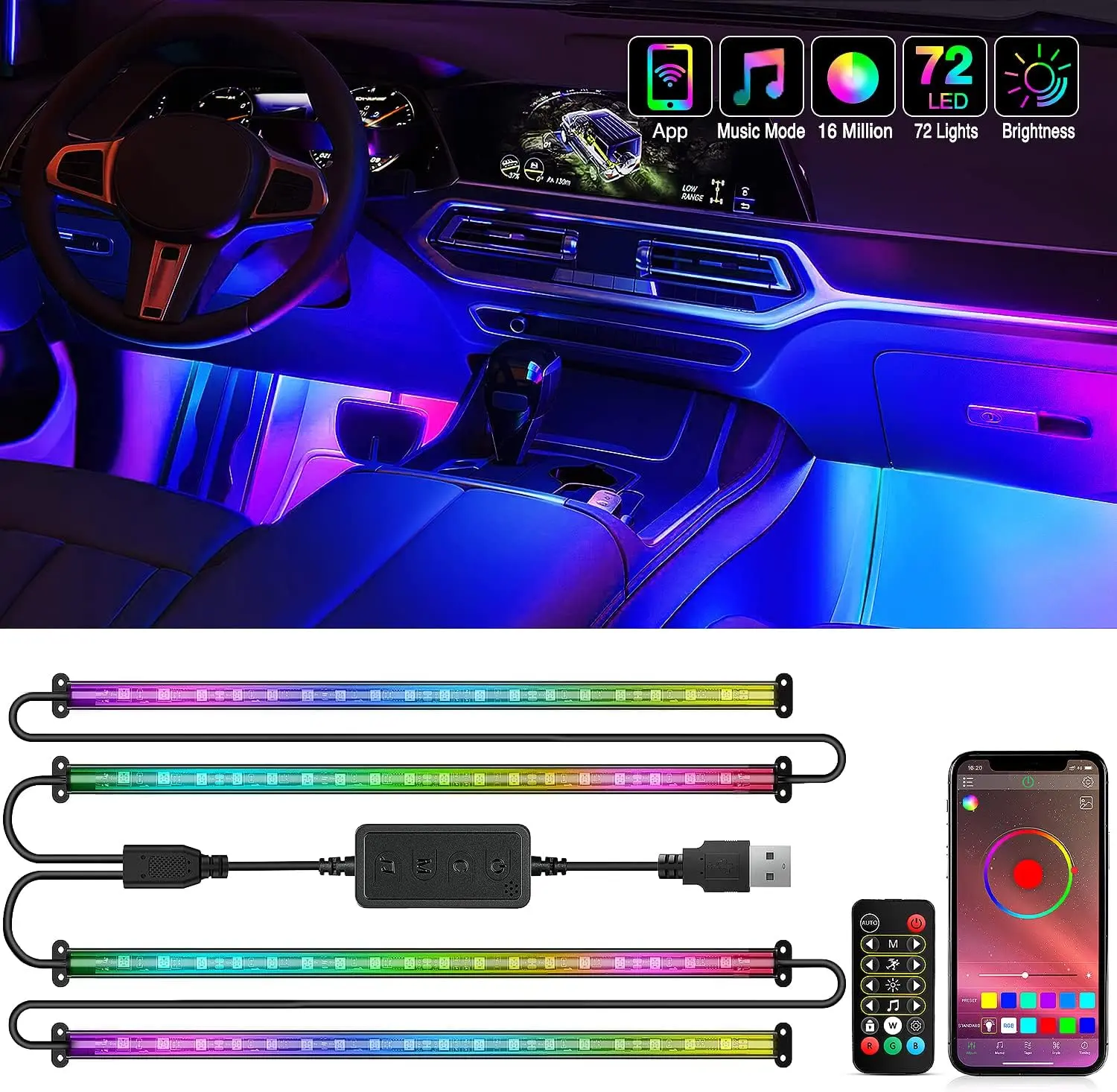 Nilight RGBIC 72-LED USB DC 12V PVC-Sleeved Car Interior Decorative LED Bar Light, App Control, Music Sync, Remote Compatible for Trucks, ATVs, Led Bar Interior Lighting