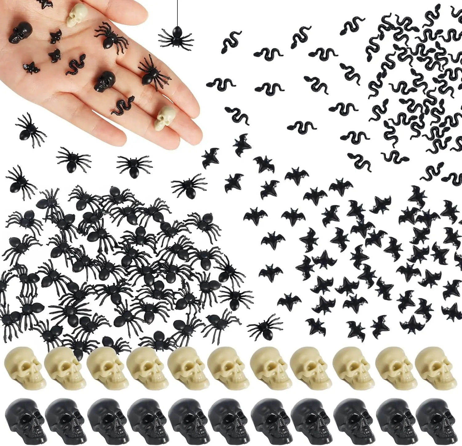 Halloween Gift 200 pcs Mini Plastic Heads Bats Snake, Realistic Spider, Halloween Miniatures Fake Halloween Figurines for Fairy Garden Home Decorations
