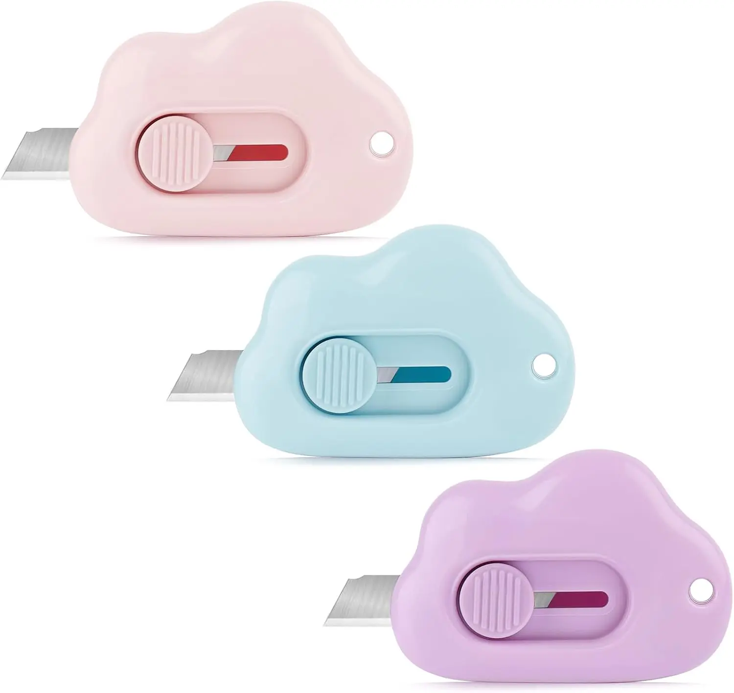 3 Pack Cute Cloud Box Cutters & Letter Openers | Mini Retractable Paper Cutter Keychain for Packages, Envelopes, Mail & DIY Crafts | Adorable Pocket Tool for Girls & Boys