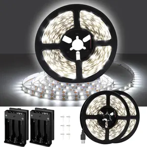 USB LED Light Strip White with Battery Box (Batteries Not Included), 16.4ft Daylight Under Cabinet Strip Lights Cuttable for Bedroom, Mirror, Party, Camping, Christmas, 8.2ft x 2