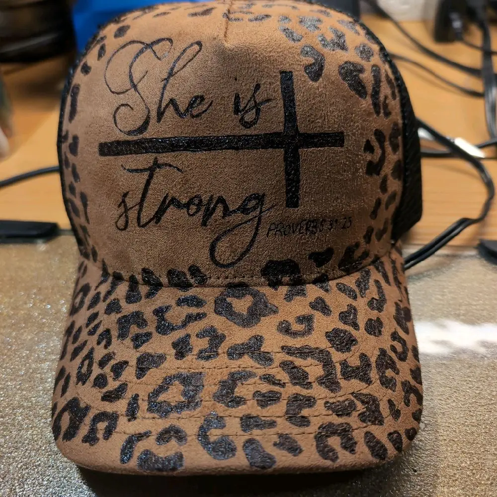 Hand burned, leopard print, Faith inspired trucker hat.