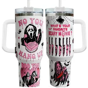 No You Hang Up Tumbler, Horror Movie 40oz Tumbler, Halloween Insulated Cup, Cute Pink Ghostface 40oz Tumbler, Halloween Gift