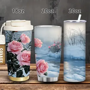 1pc 18oz/20oz Winter Wonderland Rose Tumbler with lid and straw, insulated travel mug, gift for women and men, ideal for Valentine’s Day, Easter, birthday gifts, iced/hot coffee cup