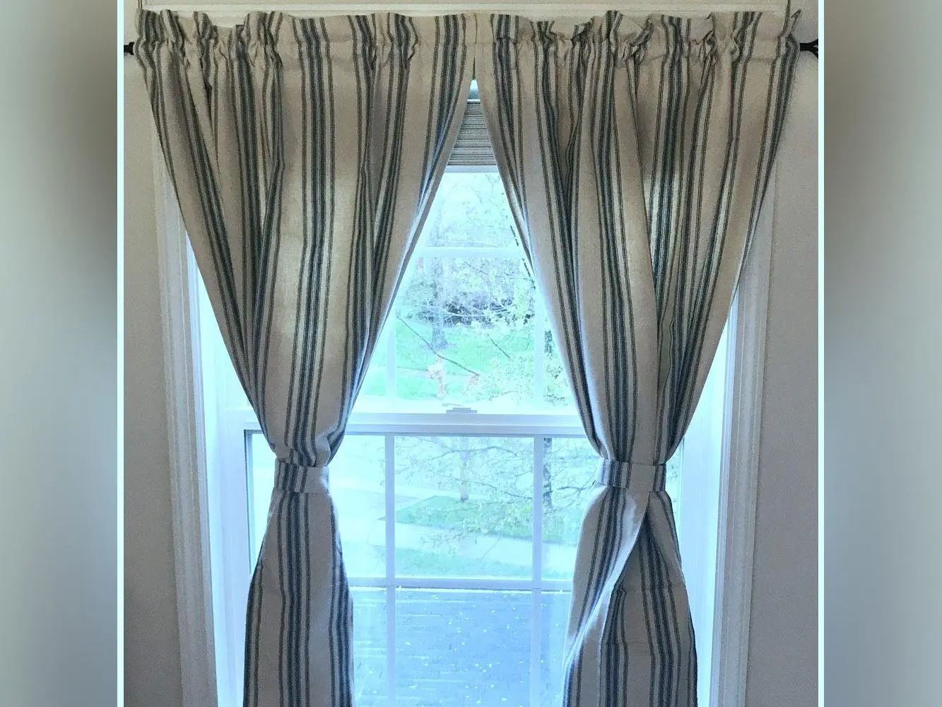 Grain Sack Stripe Cream and Colonial Blue 63" Lined Cotton Curtain Panels by Raghu