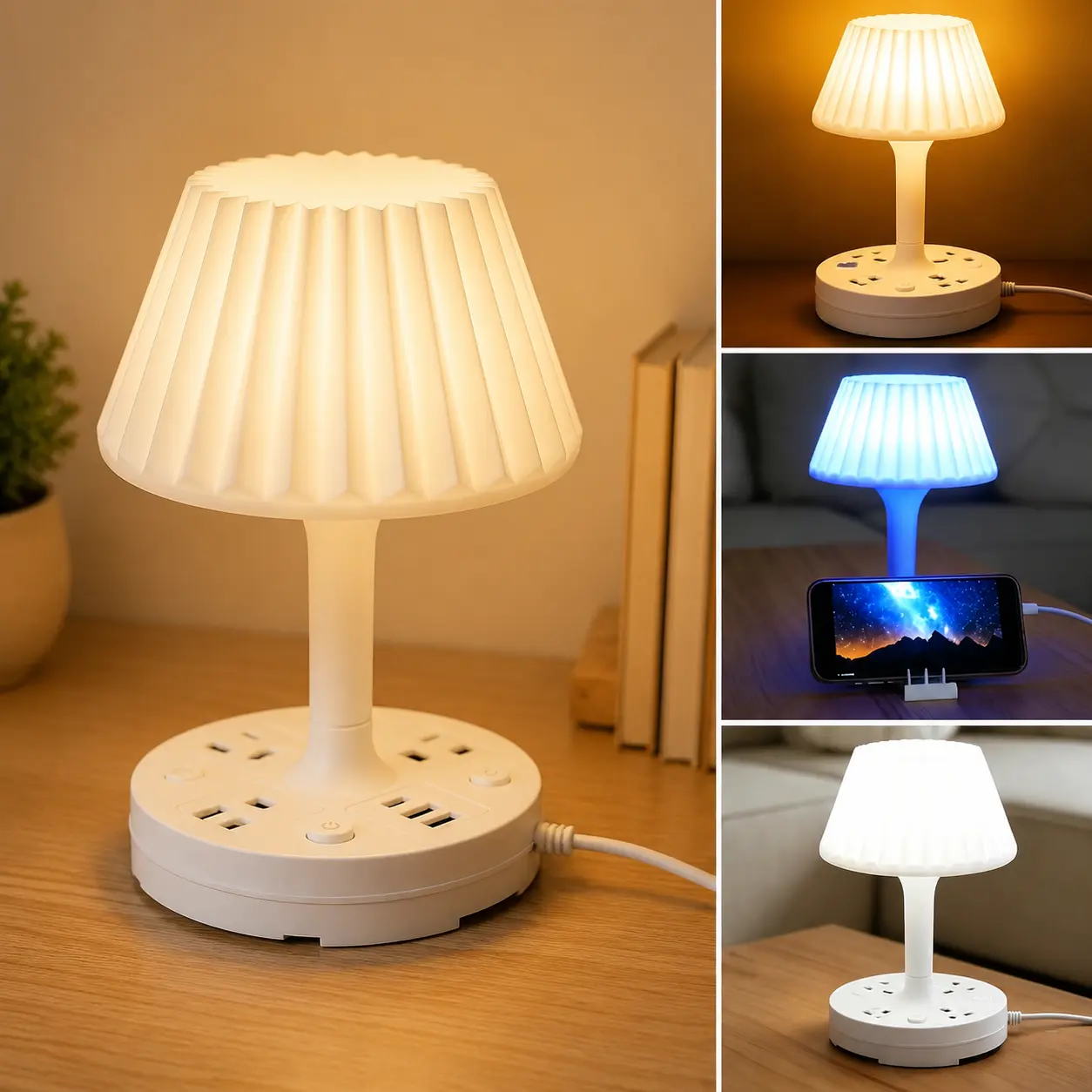 Multi-Port LED Bedside Desktop Lamp with Base, Shade, AC Outlets, USB Ports & Remote Control - LED RGB Colorful Dimmable Bedroom Decor Lamp for Home Improvement, Led Rgb Light