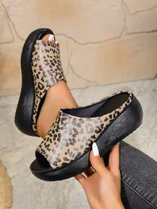 Women's Multicolor Leopard Print Open-Toe Thick Sole Wedge Mules, Slip-On Platform Sandals, Summer Footwear for Women