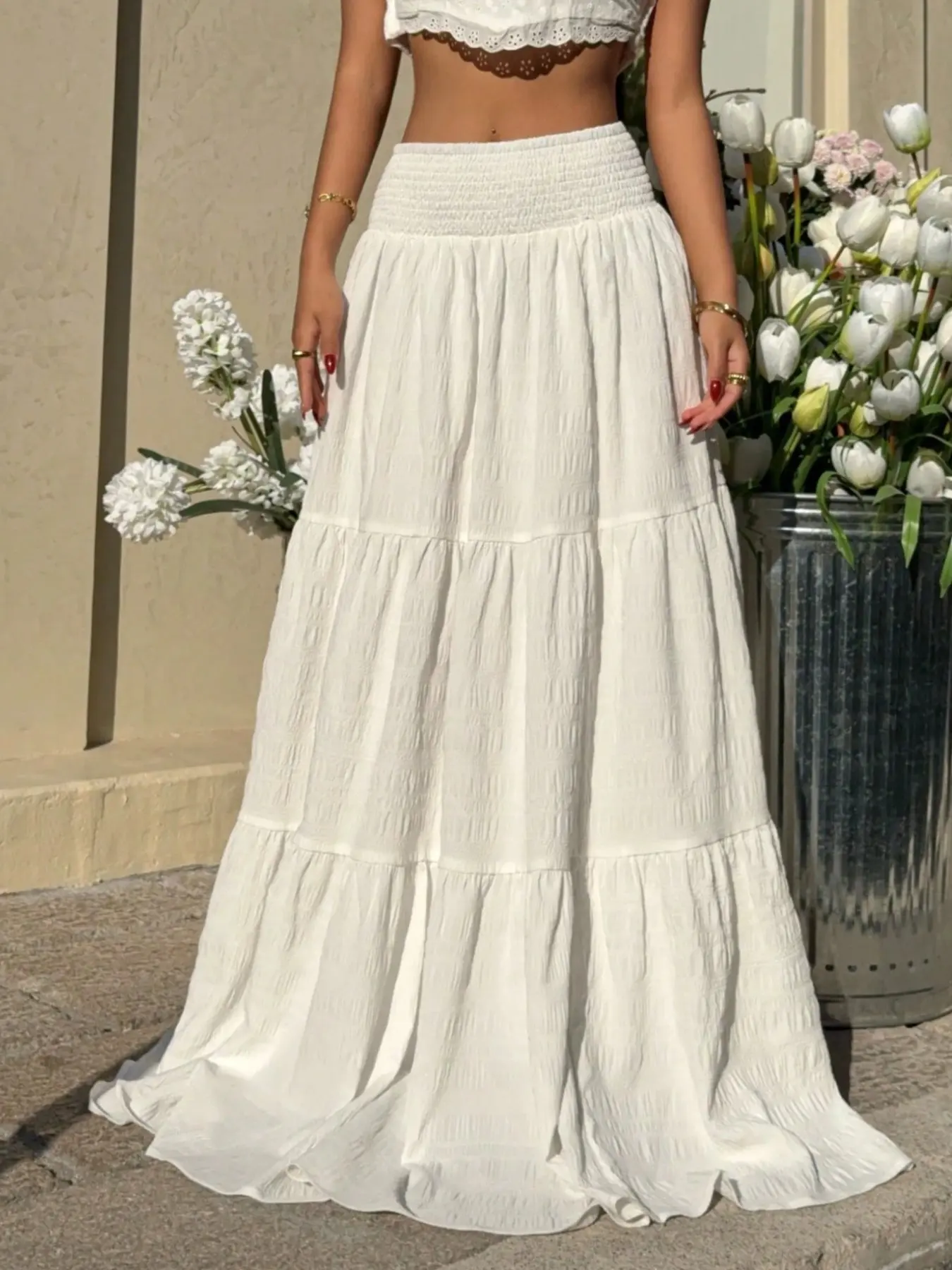 Women's Solid Color Pleated Waist Ruffle Hem Skirt, Bottom, Elegant Chic A-Line Design, Perfect for Casual & Formal Wear, All-Season Fashion