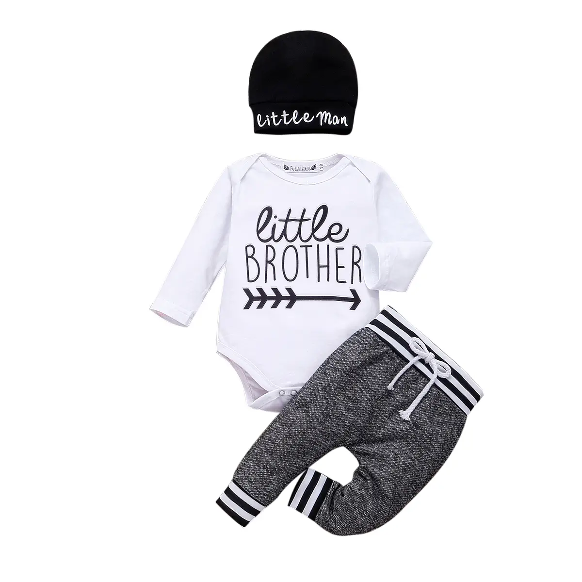 Newborn Infant Baby Boy Little Brother Long Sleeve Romper Pants Hat 3Pcs Outfits Clothes
