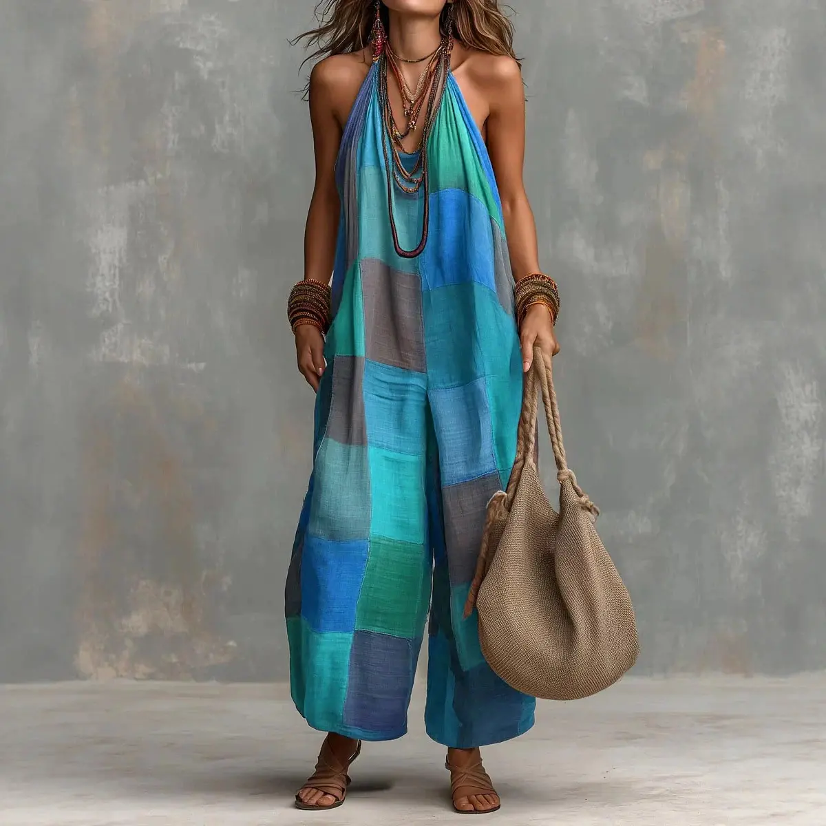 2026 women's new casual style printed checkered jumpsuit
