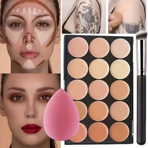 15-Color Concealer Palette Set, Includes Brush and Sponge, Perfect for Blemishes, Dark Circles, Redness, Suitable for All Skin Tones