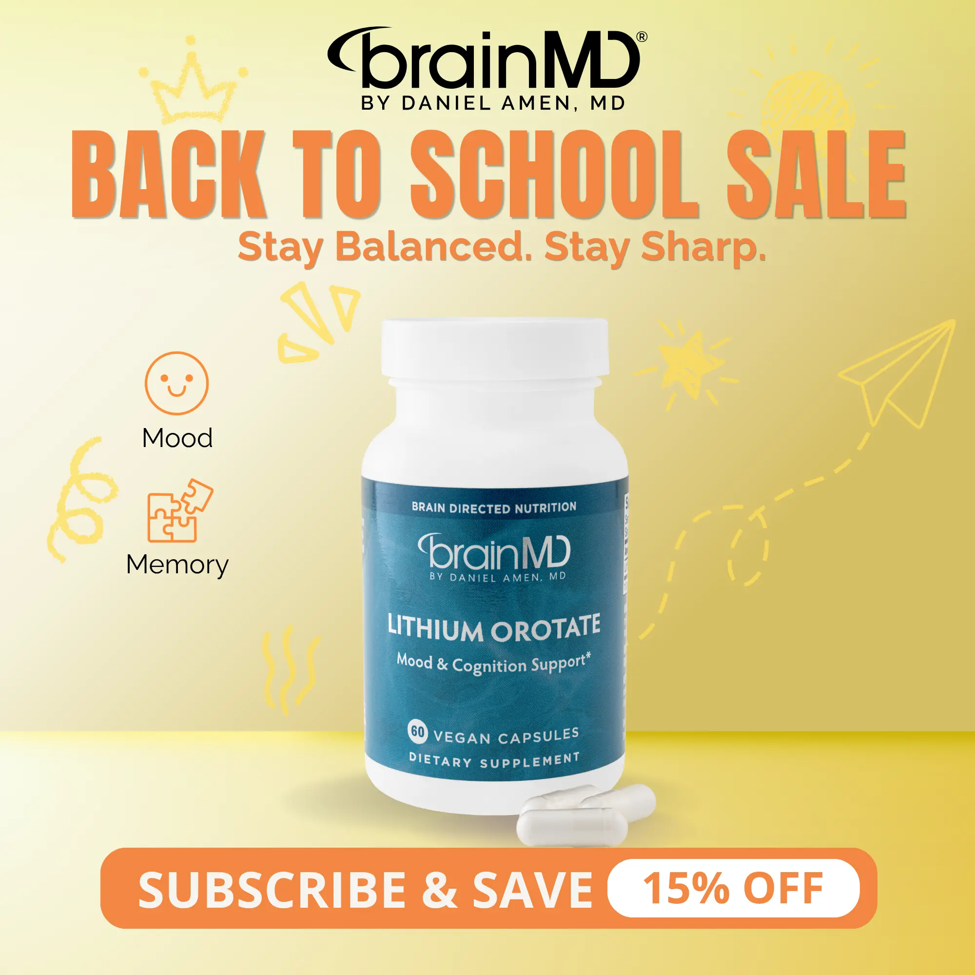 Lithium Orotate | BrainMD | 60 Capsules | Mood Balance & Emotional Wellness Support | Cognitive Clarity & Brain Health Support | Lithium