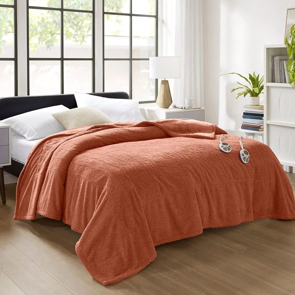 Serta Twin Size Electric Heated Blanket with 360 Stand (ST54-3571) - 62x84in, 0.25in Thick Dream Soft Faux Feather Fabric, Lightweight Cozy Blanket, Fast-Heating, Rust Color, Feel Cosy, Cozy Style