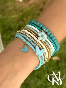 CYL&RY Waterproof Summer Beaded Bracelet Stack, 9pcs Layered Stretch Beads with Enamel Charms, Tarnish Resistant, Perfect for Pool Parties, Beach Trips, Surfing and Water Activities
